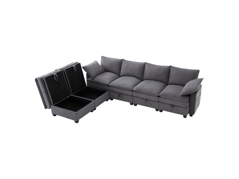 Canapé d’angle modulable 56 places en lu avec rangement, 2 poufs amovibles, ports usb, porte-gobelets, tissu côtelé - gris - Conforama A