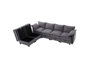 Canapé d’angle modulable 56 places en lu avec rangement, 2 poufs amovibles, ports usb, porte-gobelets, tissu côtelé - gris