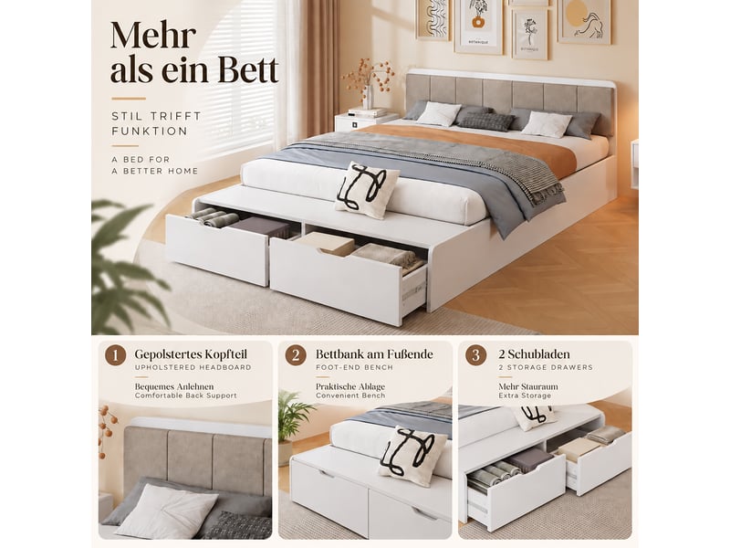 Lit double enfant et adolescent 140x200cm avec tête de lit rembourrée, banquette au pied et 2 tiroirs de rangement, cadre en bois, blanc evarich - Conforama D
