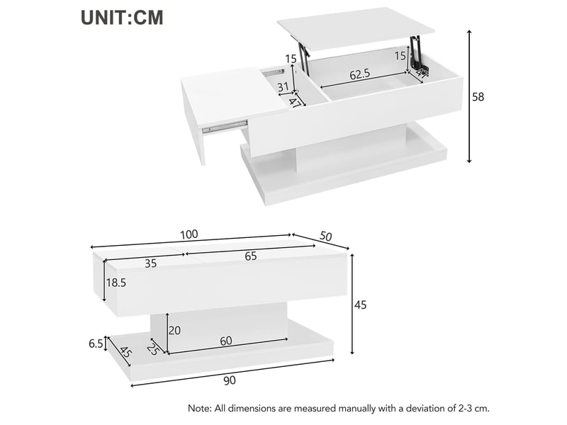  Table basse relevable avec plateau coulissant, éclairage led et rangements, pour salon moderne, 100 × 50 × 45 cm  - Conforama D
