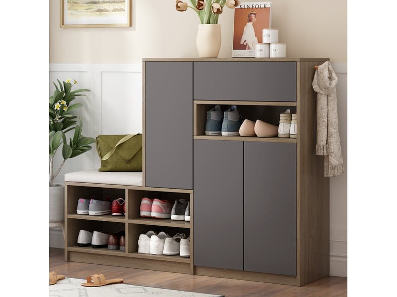 Meuble à chaussures 140x35x110 cm gris avec banc rembourré et étagères réglables - Conforama B