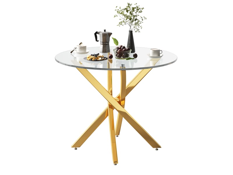 Table de salle à manger ronde avec plateau en verre trempé et piètement croisé doré, style moderne, 80 × 80 × 75 cm - Conforama A
