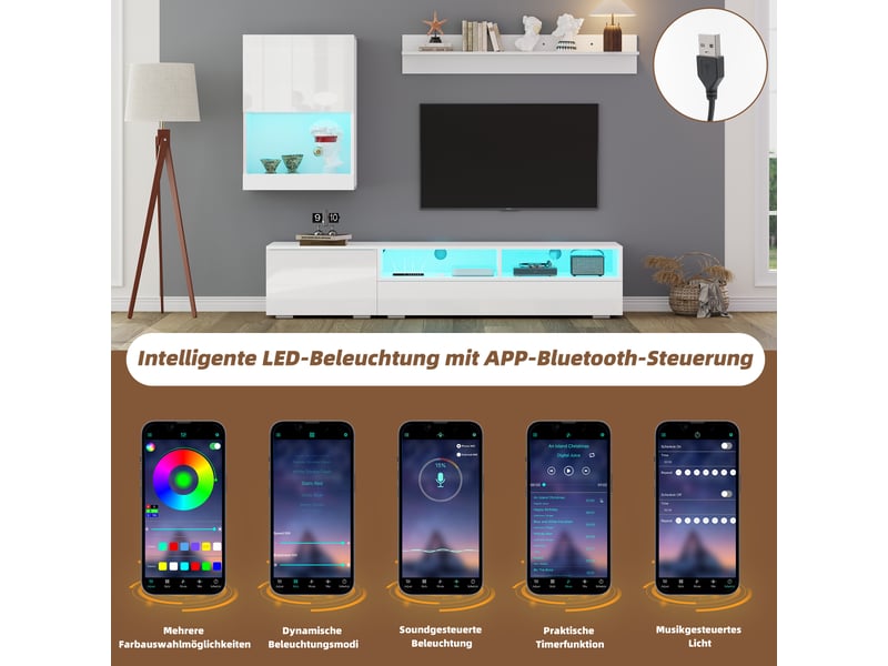  Meuble tv blanc brillant led 175x39x34 cm – ensemble 3 pièces avec vitrine, écran jusqu’à 80 pouces  - Conforama E