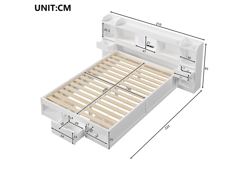  Lit avec rangement 140x200 cm, 3 tiroirs, compartiments, led, prise usb, sommier à lattes, mdf et contreplaqué, blanc  - Conforama C