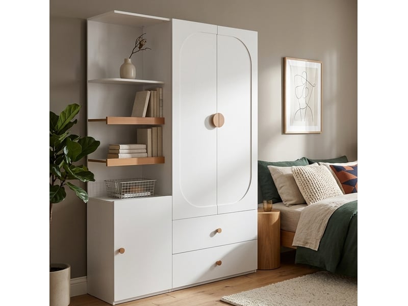  Armoire de rangement 125x50x180 cm avec 3 portes et 2 tiroirs, penderie en mdf couleur blanc et naturel, design moderne  - Conforama B