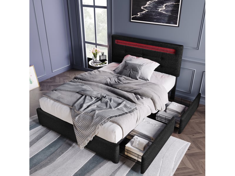  Modenvie lit simple avec tiroirs 90x200 cm - led, tete de lit reglable, sans matelas - noir  - Conforama B