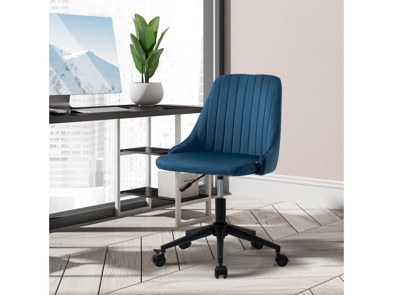  Fauteuil de bureau en velours bleu à hauteur réglable, ergonomique, pivotant à 360° et équipé de roulettes, 50 x 58 x 77-87 cm  - Conforama D