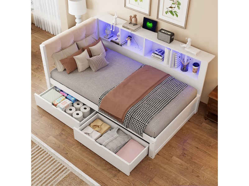  Lit banquette lit gigogne 90x200 cmavec 2 tiroirs, étagère latérale 3 niveaux, led dimmable, usb, pin et mdf blanc OPULERANE TRADING LTD - Conforama C