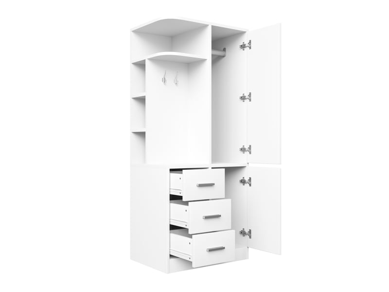  Armoire avec porte, tiroirs, étagères ouvertes, penderie et crochets pour chambre, en bois blanc, 70 × 50 × 170 cm  - Conforama E