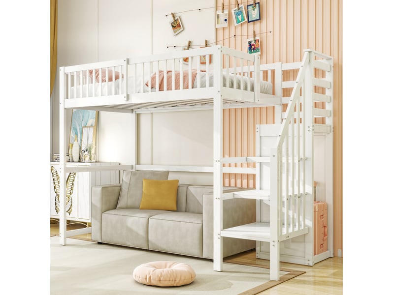  Lit mezzanine enfant 90 x 200 cm blanc avec escalier et rangement  - Conforama C