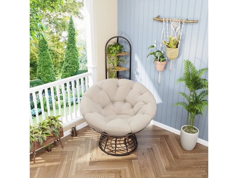  Fauteuil papasan en rotin marron pivotant 360° avec coussin beige épais  - Conforama B