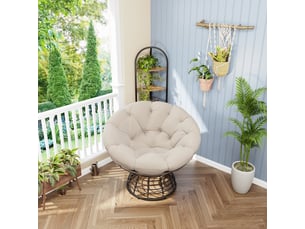 Fauteuil papasan en rotin marron pivotant 360° avec coussin beige épais