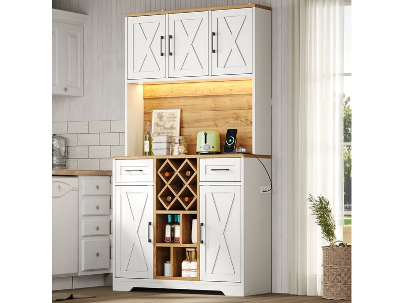  Buffet haut 105x40x180 cm naturel et blanc en mdf, led rgb, range-bouteilles et rangement cuisine  - Conforama B