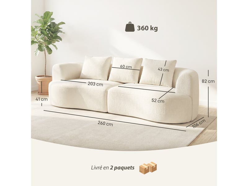  Canapé 3 places en chenille 260 cm, canapé salon, assise large, 3 coussins, pas de montage nécessaire, crème  - Conforama C