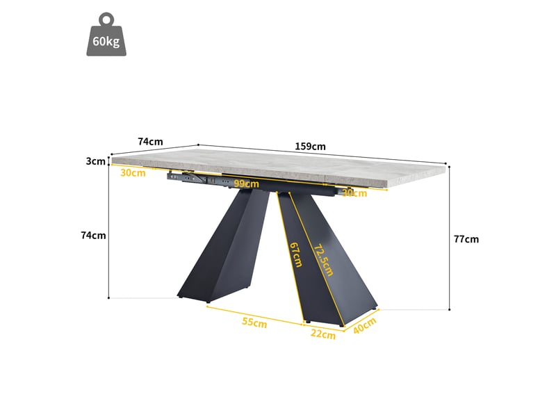 Table de salle à manger extensible, 99-159x74x77 cm, effet marbre, pratique, plateau mdf, piètement métal, coloris gris - Conforama C