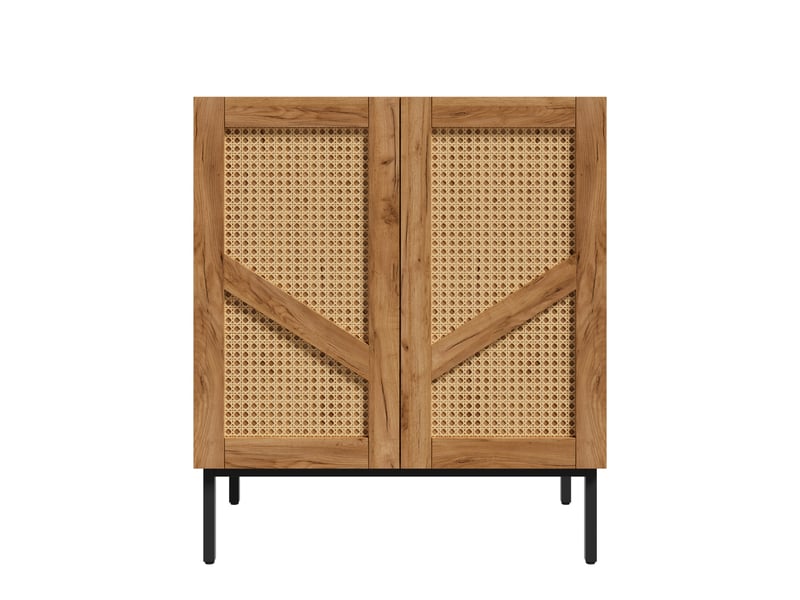  Buffet bas meuble d’appoint 70x38,5x80 cm - 2 portes avec rotin pe - 2 étagères réglables - pieds métalliques - panneaux de particules - bois naturel  - Conforama A