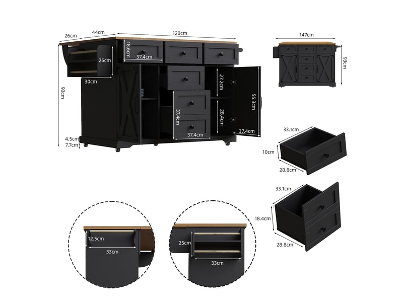  Îlot de cuisine 147x44x93 cm pliable multifonction mdf métal noir  - Conforama C