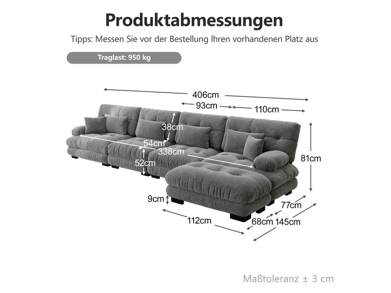  Canapé d'angle modulable modenvie 4 places en chenille gris 406 x 145 x 81 cm  - Conforama C