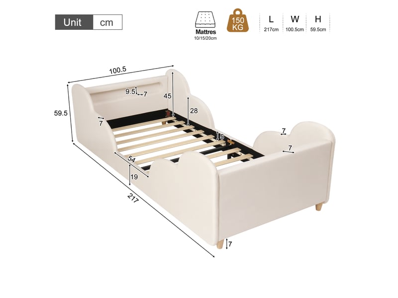Lit enfant rembourré 90x200 cm - barrière de sécurité - veilleuse intégrée - port usb et type-c - velours beige - Conforama C