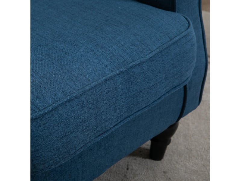  Fauteuil oreille 74x86x102 cm, accoudoirs arrondis, bleu, dossier haut, 4 pieds robustes en bois  - Conforama E