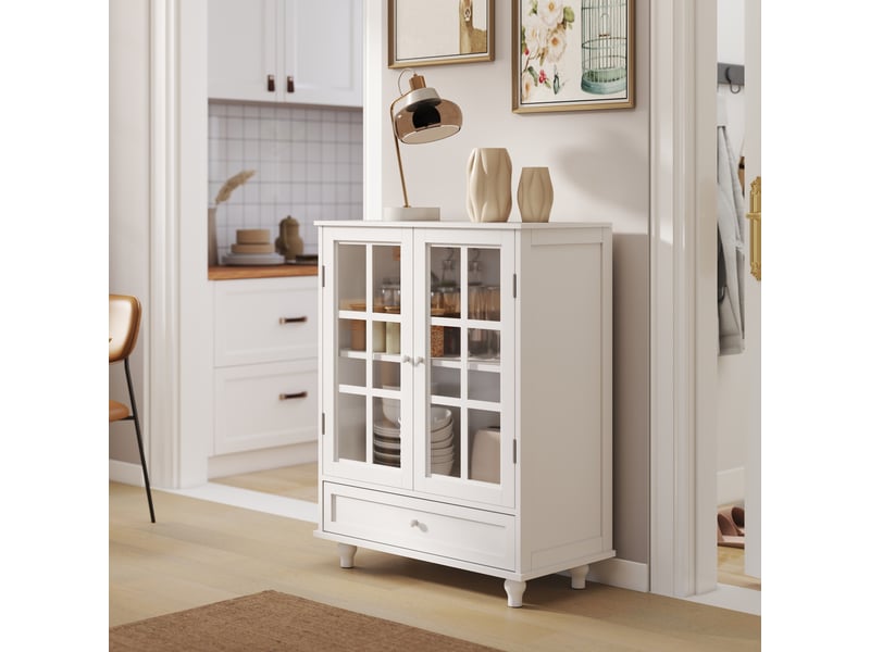 Buffet de cuisine - 71x38x93 cm - meuble de rangement minimaliste moderne en bois avec 2 portes vitrées et tiroir - blanc - Conforama C