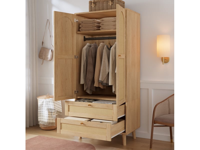  Armoire penderie 80x50x180 cm, 2 portes, 2 tiroirs, tringle, tablette, effet rotin, mdf, naturel  - Conforama D