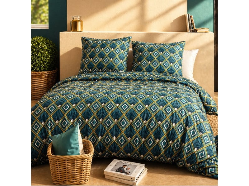  Parure housse de couette 260x240cm + 2 taies motif art-déco bleu et jaune 100% coton - lirika LIRIKA - Conforama C