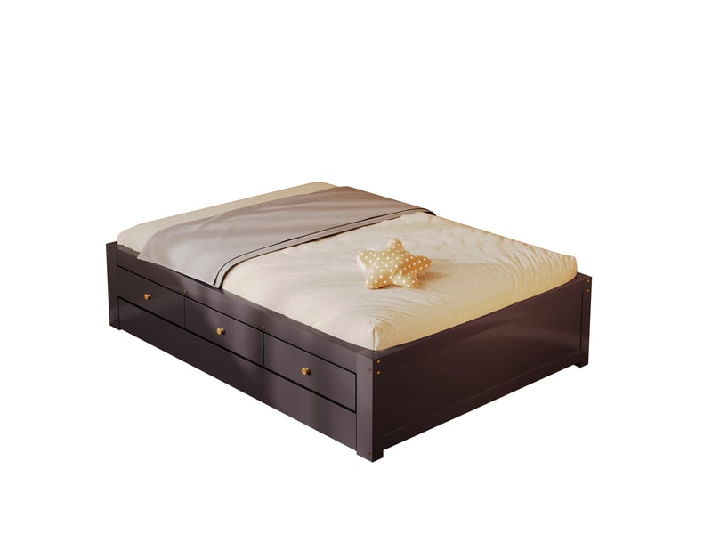 Lit double 90x200 cm - avec lit gigogne 90x190 cm et 3 tiroirs - sommier à lattes - mdf+pin - marron (sans matelas) - Conforama A