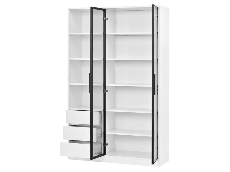  Vitrine 3 tiroirs meuble de rangement design blanc 2 portes vitrées droites en verre trempé tablette réglable en hauteur éclairage led intégré  - Conforama E
