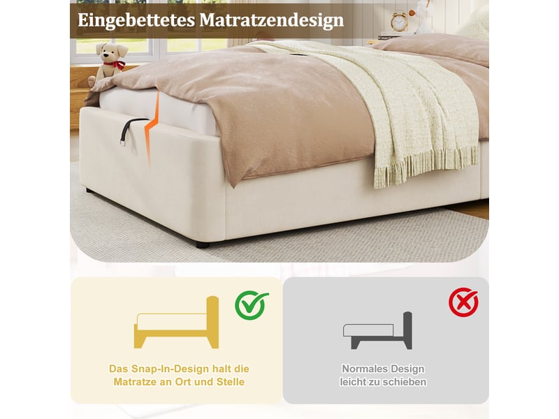 Rayofi lit enfant rembourré 90 x 190 cm, velours beige, sommier à lattes, rangement hydraulique intégré N636P223268H - Conforama R