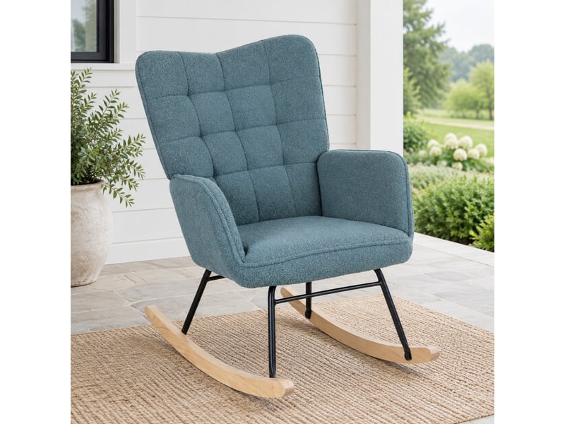  Fauteuil à bascule rembourré avec dossier haut et accoudoirs, en polyester bleu clair, 98 × 71 × 101 cm  - Conforama C