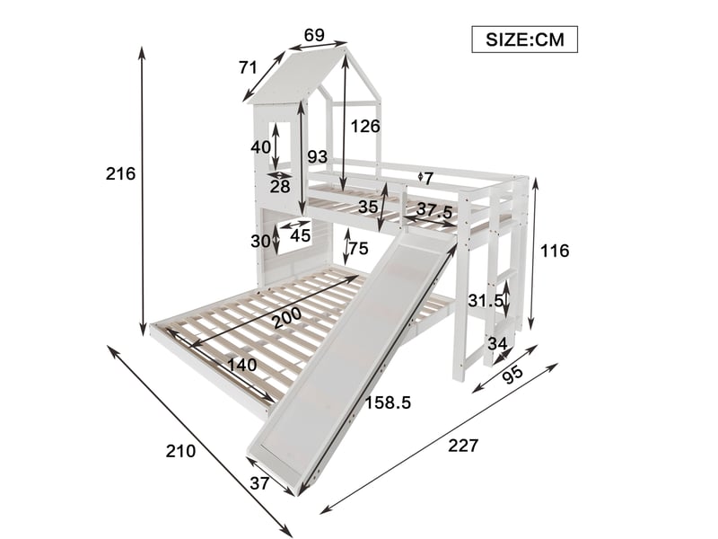  Lit superposé enfant cabane avec toboggan blanc 90x200 et 140x200 cm  - Conforama E