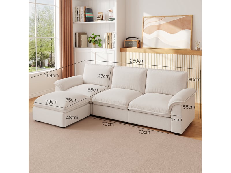  Canapé d'angle modulaire 4 places avec ottomane mobile, coussins et housses zippées en chenille beige  - Conforama C