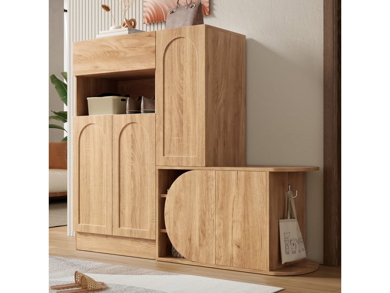  Meuble à chaussures avec banc assis, 5 portes et 1 tiroir, design arc moderne, mdf couleur nature, 130x35x110.5 cm  - Conforama E