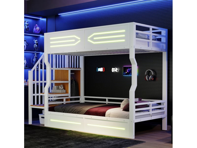  Lit superposé 90x200 cm avec escalier de rangement et led, blanc  - Conforama C