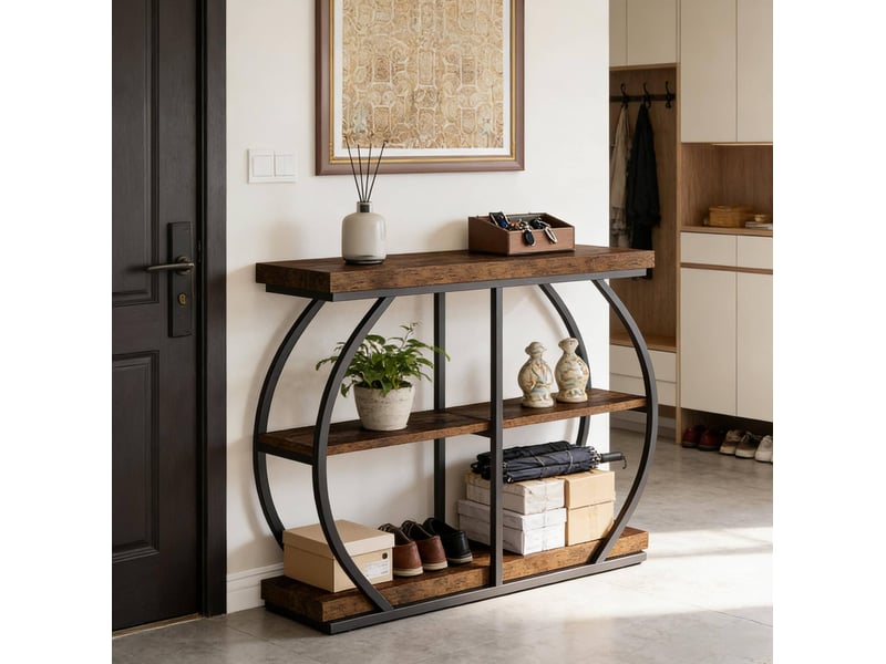  Console à 3 niveaux avec étagères de rangement, structure métallique, pour entrée et salon, bois marron 105 × 24 × 80 cm  - Conforama B