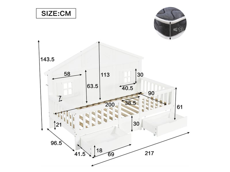 Lit cabane enfant 90x200 cm - avec 2 tiroirs - avec des balustrades et des fenêtres - bois massif + mdf - blanc (sans matelas)  - Conforama C
