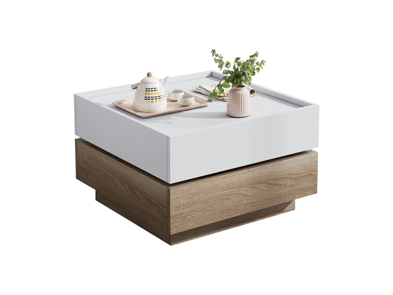  Table basse fonctionnelle, table de salon, plateau pivotant à 360° avec 2 étagères et un espace de rangement, table d'appoint avec structure en noyer pour le salon, blanche, 60 x 60 x 38 cm  - Conforama E