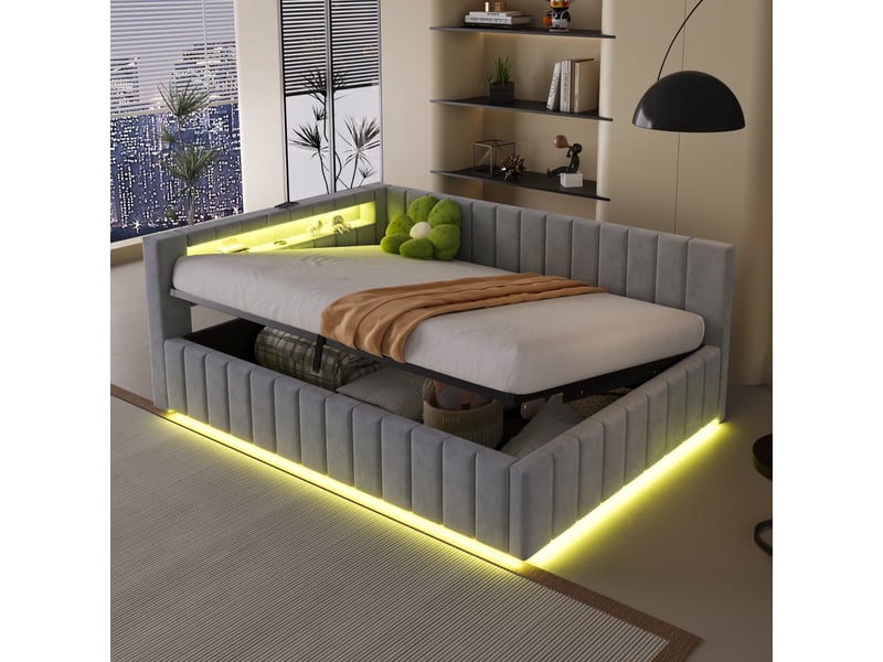  Lit coffre rembourré 2 places 140x200 cm avec rangement hydraulique, led, usb, tête de lit et dossier rembourrés, sommier à lattes, velours gris clair  - Conforama B