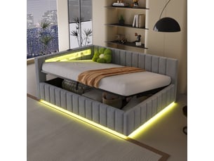 Lit coffre rembourré 2 places 140x200 cm avec rangement hydraulique, led, usb, tête de lit et dossier rembourrés, sommier à lattes, velours gris clair