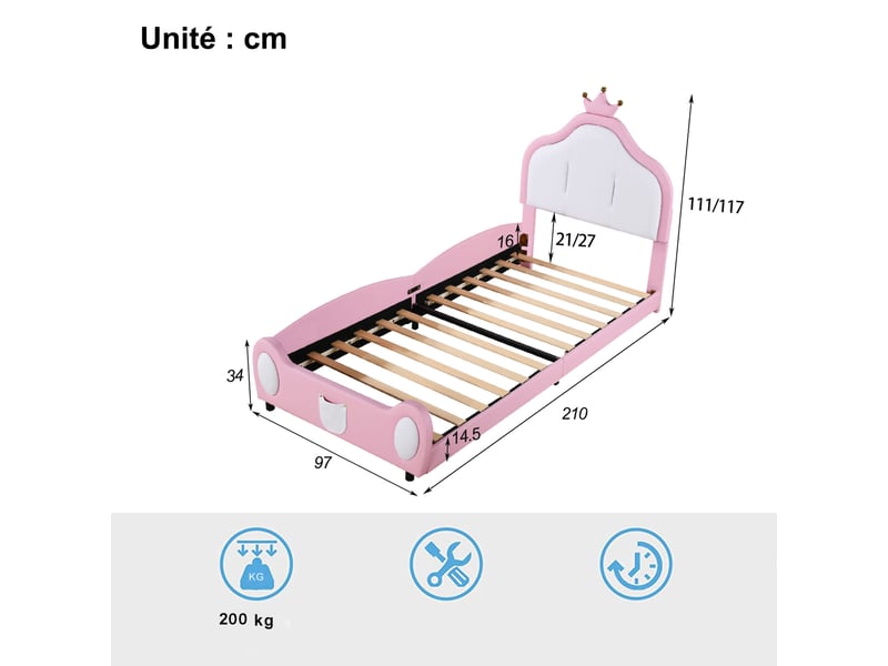  Lit enfant 90x200 cm en simili cuir, lit simple avec tête couronne et pied décoré, rose et blanc, sans matelas  - Conforama D
