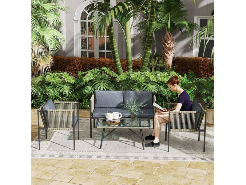 Salon de jardin 4 pièces 116x65 cm gris, canapé 2 places, 2 fauteuils, table basse en rotin synthétique - Conforama D