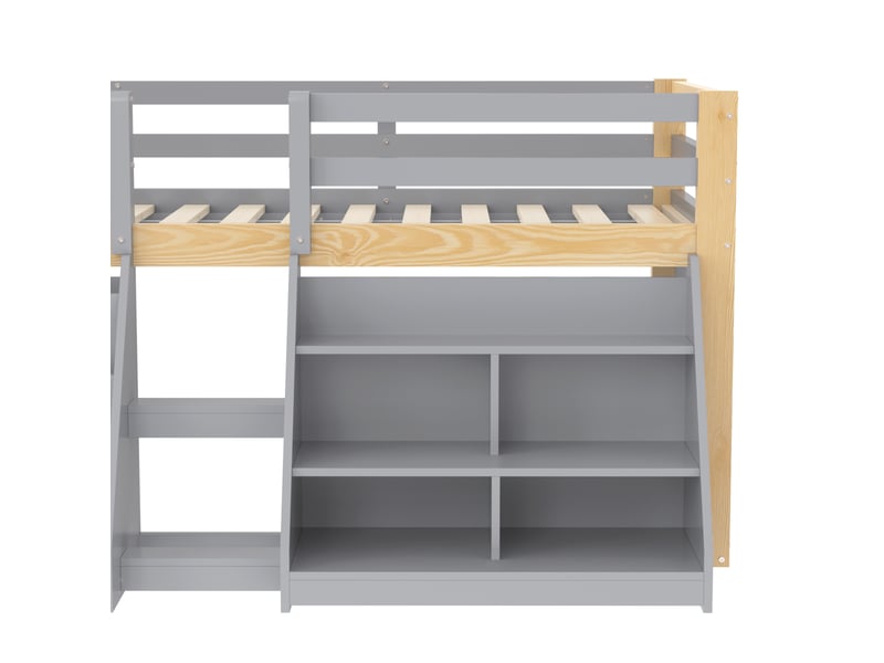  Lit mezzanine bas 90 × 200 cm, bois et mdf, led par application, rangements, échelle, sans matelas, gris et naturel  - Conforama E