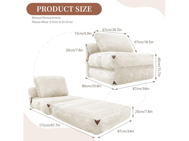  Fauteuil convertible 1 place pliable en couchage, canapé de sol compact pour salon et chambre en flanelle blanche  - Conforama C