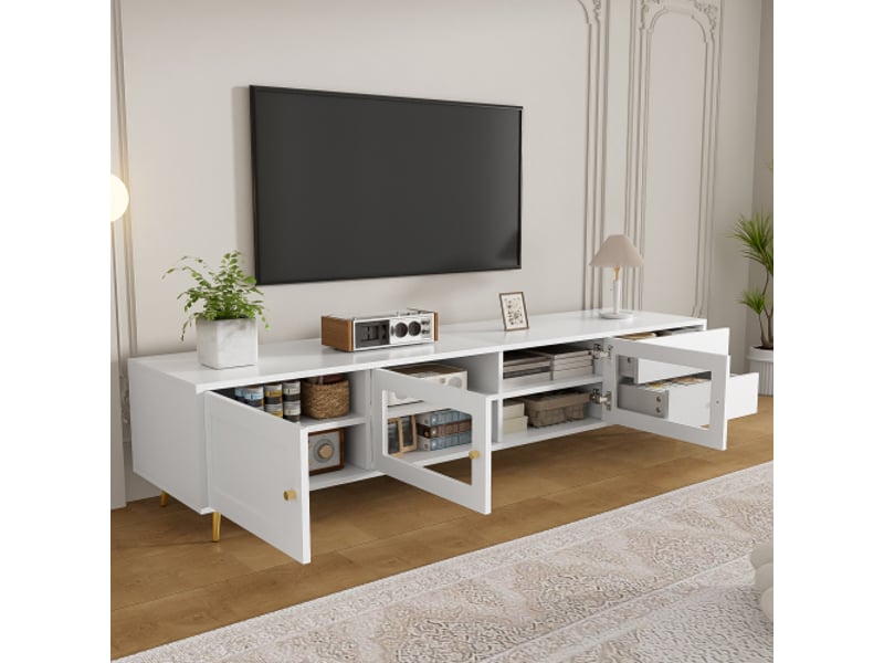  Meuble tv bas blanc 170×40×43 cm – 2 tiroirs, 2 portes vitrées, 1 porte, rangements, étagères réglables, poignées métal  - Conforama E