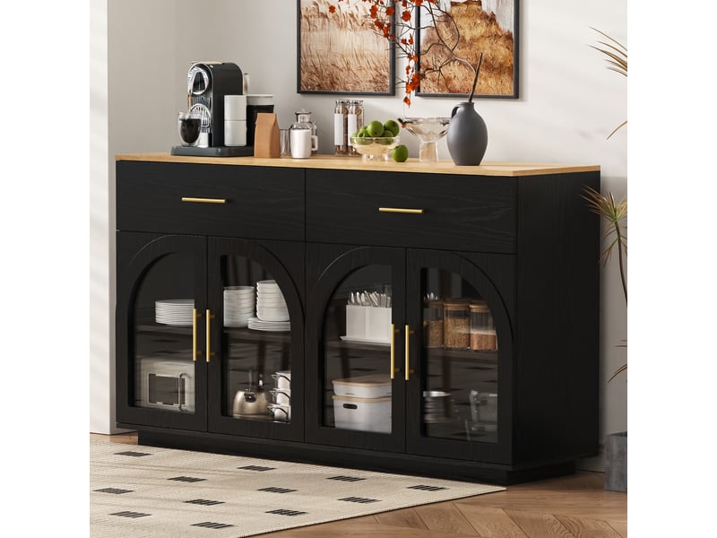  Buffet de cuisine avec plateau effet bois, 2 tiroirs, portes vitrées cintrées transparentes et 6 poignées, coloris noir Fay Lum - Conforama D
