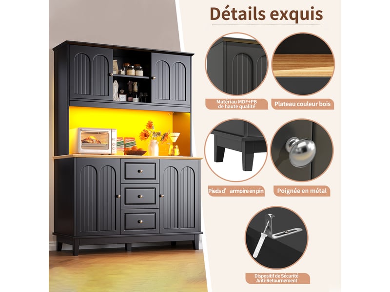  Buffet cuisine 4 portes et 3 tiroirs, 120 x 40 x 180 cm, éclairage led, étagères réglables, usb et dispositif anti-basculement, mdf, noir Morn Vibe - Conforama E