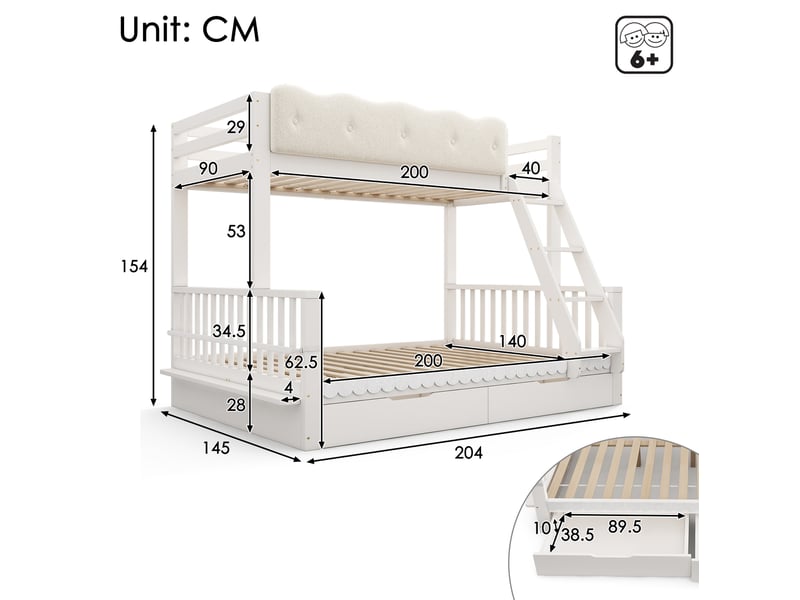  Lit superposé enfant en bois 90x200140x200 cm blanc avec tiroirs et sommier  - Conforama C
