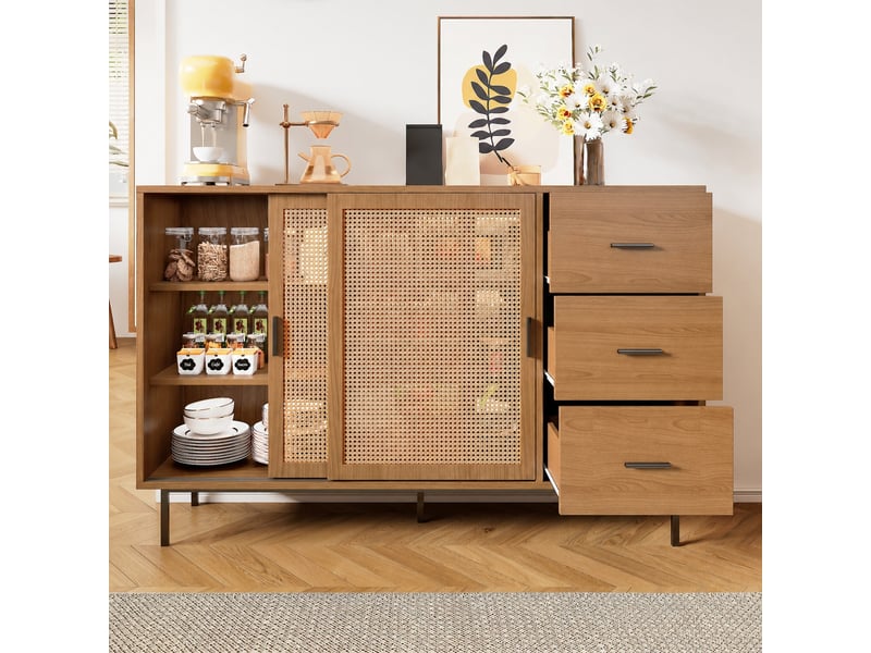 Buffet avec 2 portes coulissantes en rotin, 3 tiroirs et étagères réglables, naturel, 140 x 37 x 91 cm - Conforama B