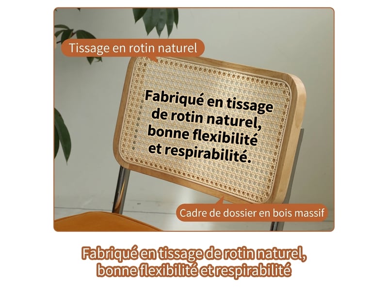  Lot de 4 chaises de salle à manger en velours orange, dossier en rotin tressé et pieds en acier chromé, style moderne mid-century  - Conforama D